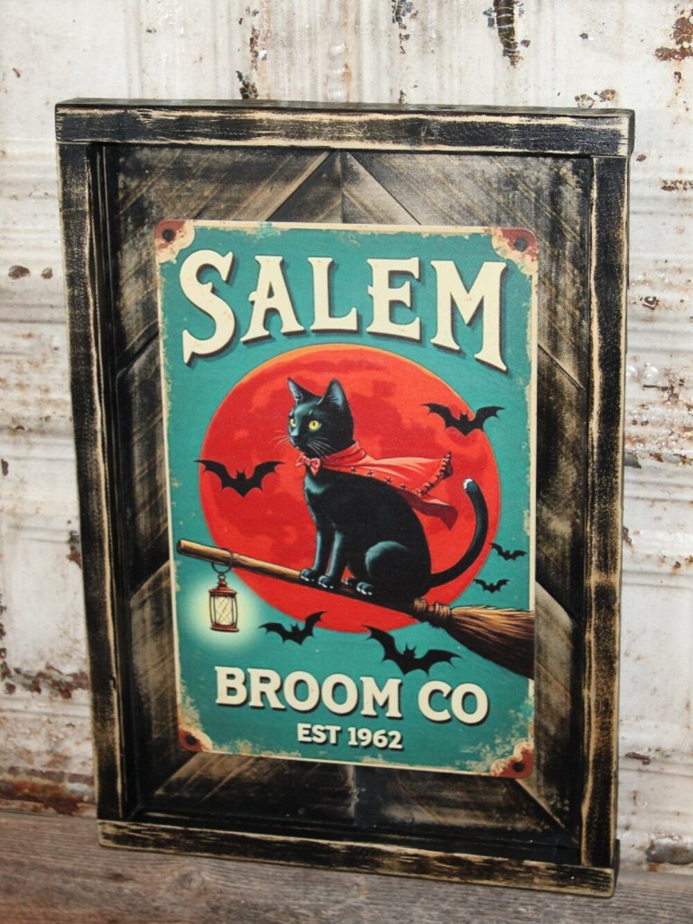 NEW! SALEM BROOM CO Black Cat Farmhouse Halloween Wall Decor Sign